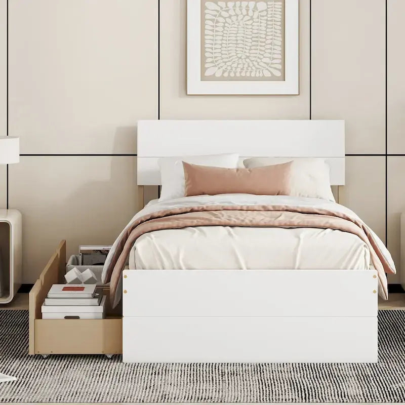 High Gloss Wood Platform Bed with 2 Drawers