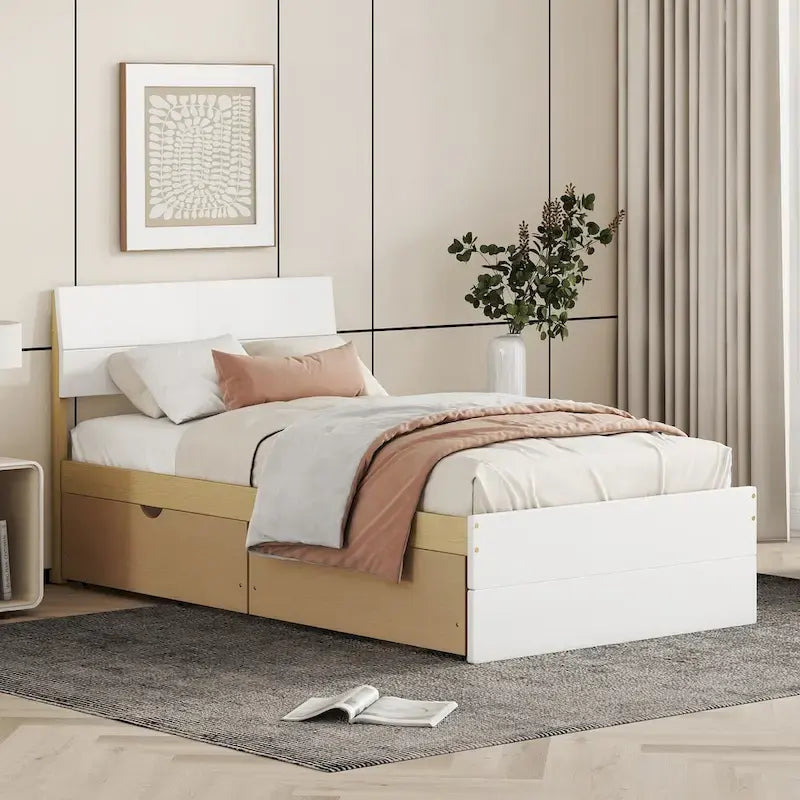 High Gloss Wood Platform Bed with 2 Drawers