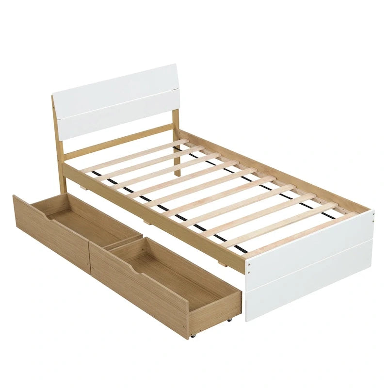 High Gloss Wood Platform Bed with 2 Drawers