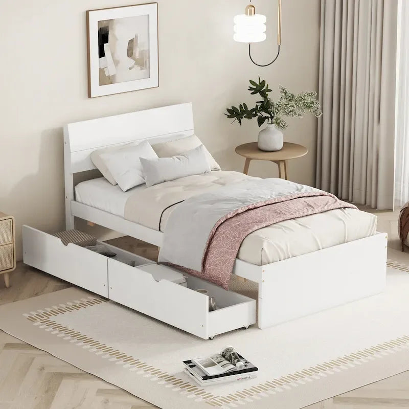 High Gloss Wood Platform Bed with 2 Drawers