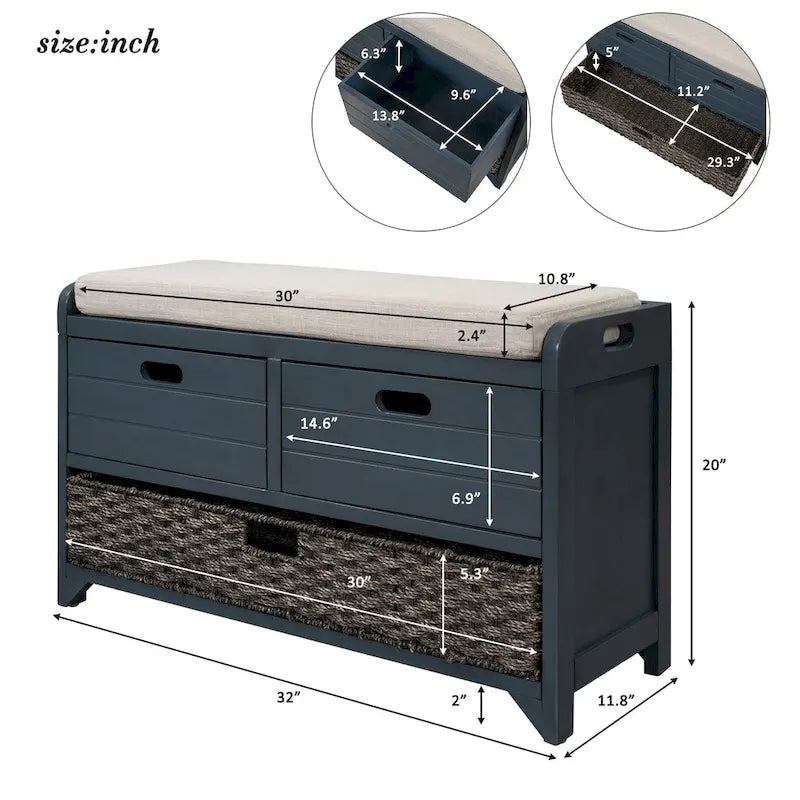 Storage Bench with Removable Basket and 2 Drawers