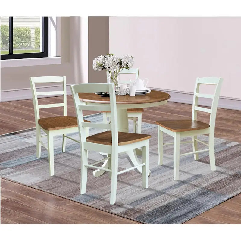 36 Round Top Pedestal Extendable Table With 12 Leaf and Madrid Chairs