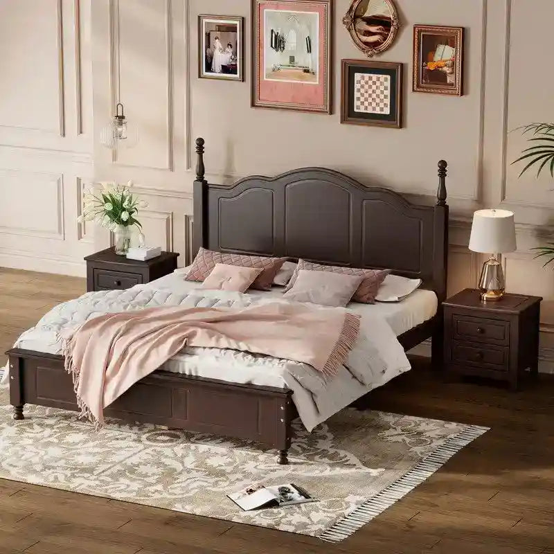 3PCS Retro Design Queen/Full Size Wood Platform Bed Set with 2 Nightstands