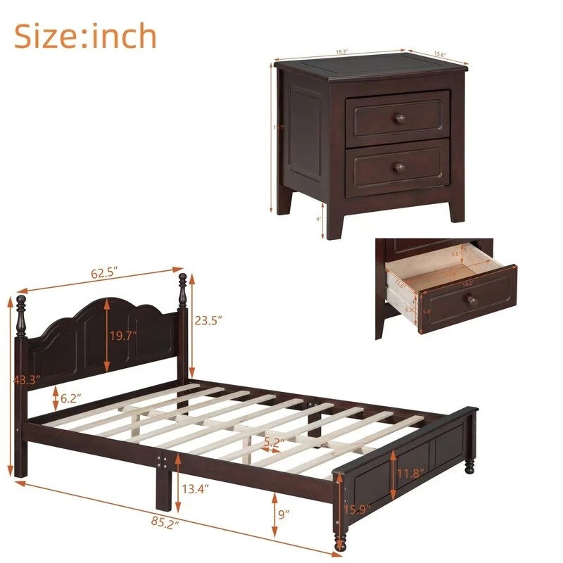 3PCS Retro Design Queen/Full Size Wood Platform Bed Set with 2 Nightstands