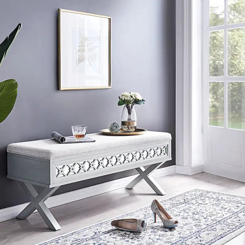 Leick Home Mirrored Diamond Filigree X Base Lift Top Storage Bench