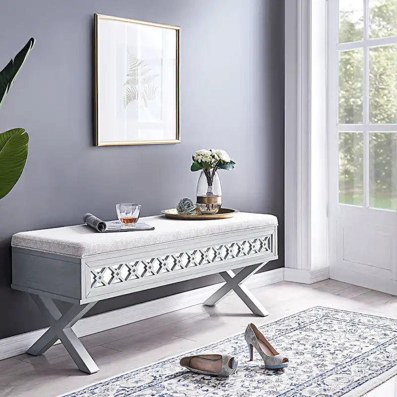 Leick Home Mirrored Diamond Filigree X Base Lift Top Storage Bench