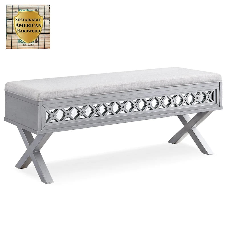 Leick Home Mirrored Diamond Filigree X Base Lift Top Storage Bench
