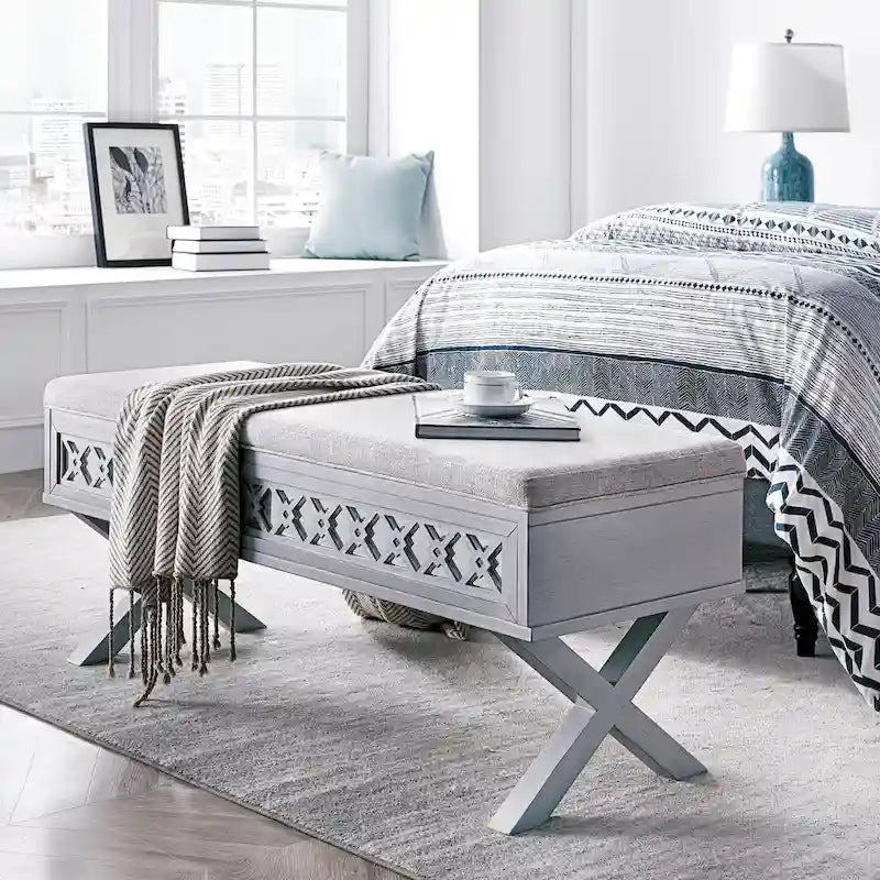Leick Home Mirrored Diamond Filigree X Base Lift Top Storage Bench