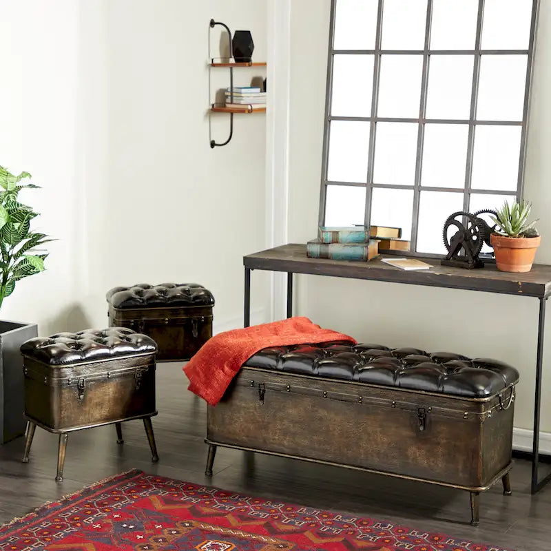 Metal Weathered Storage Bench with Black Tufted Faux Leather - Set of 3 Brown - Roche River Decor - 16W x 48L x 21H