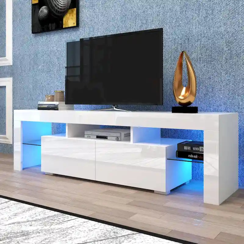 Nestfair White TV Stand with LED Lights for TVs up to 70 Inches