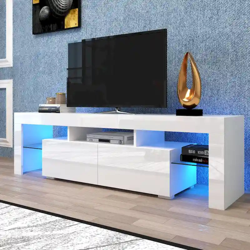 Nestfair White TV Stand with LED Lights for TVs up to 70 Inches