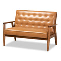 Sorrento Tan Faux Leather and Walnut Finished Wood Loveseat