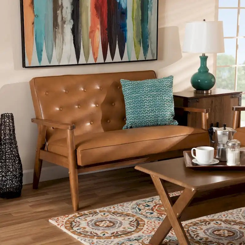 Sorrento Tan Faux Leather and Walnut Finished Wood Loveseat