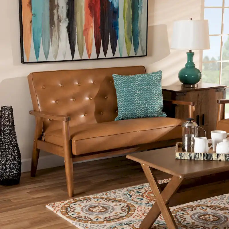 Sorrento Tan Faux Leather and Walnut Finished Wood Loveseat