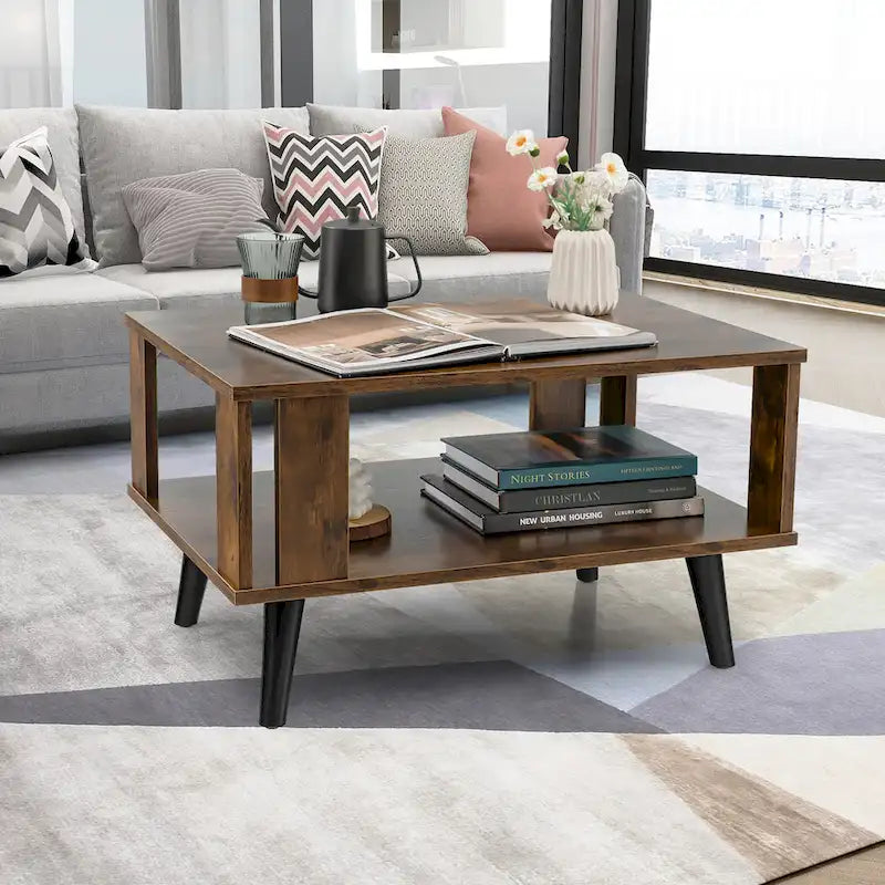 Wood Rectangle Coffee Table 2 Tier Tea Table with Open Storage Shelf