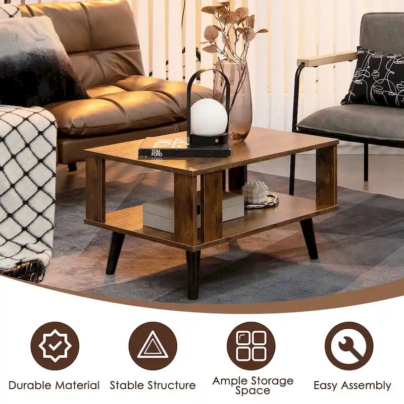 Wood Rectangle Coffee Table 2 Tier Tea Table with Open Storage Shelf