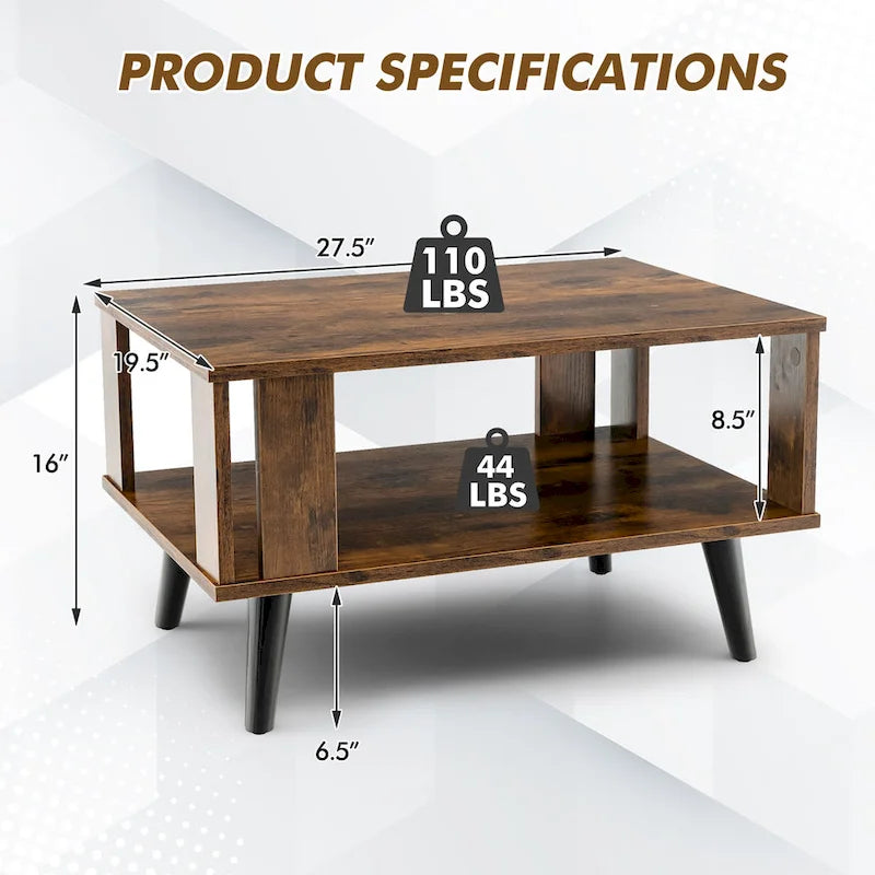 Wood Rectangle Coffee Table 2 Tier Tea Table with Open Storage Shelf