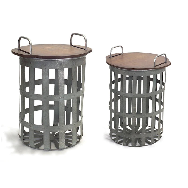 Metal and Wood Side Basket Tables (Set of 2)