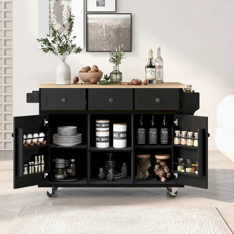 Kitchen Island on 5 Wheels with Storage Cabinet and 3 Drawers