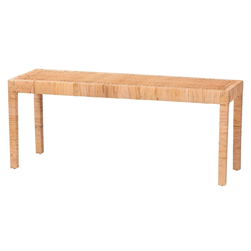 Abelia Modern Bohemian Natural Rattan and Mahogany Wood Accent Bench