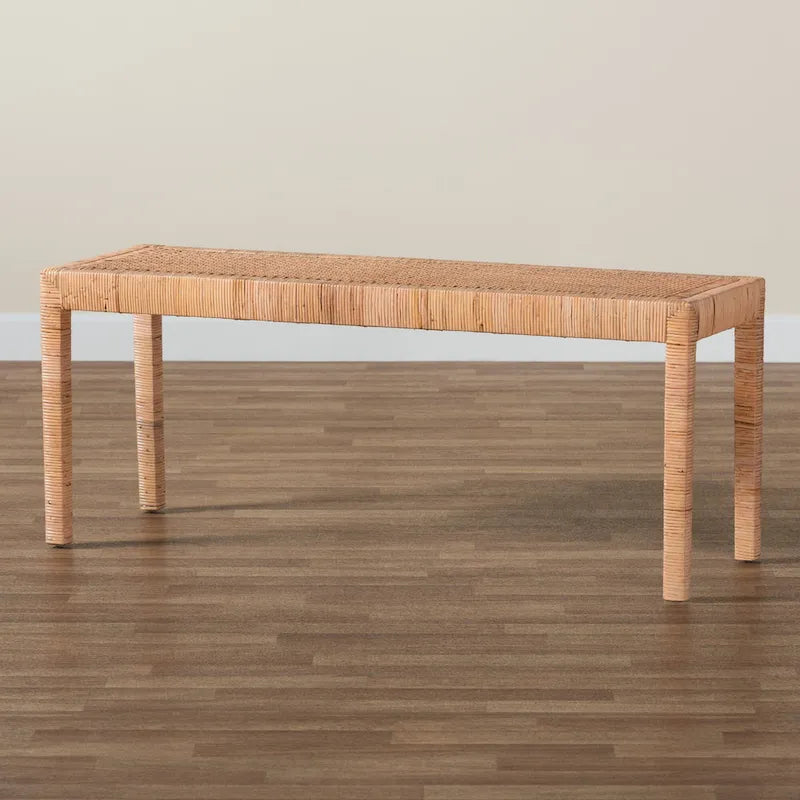 Abelia Modern Bohemian Natural Rattan and Mahogany Wood Accent Bench