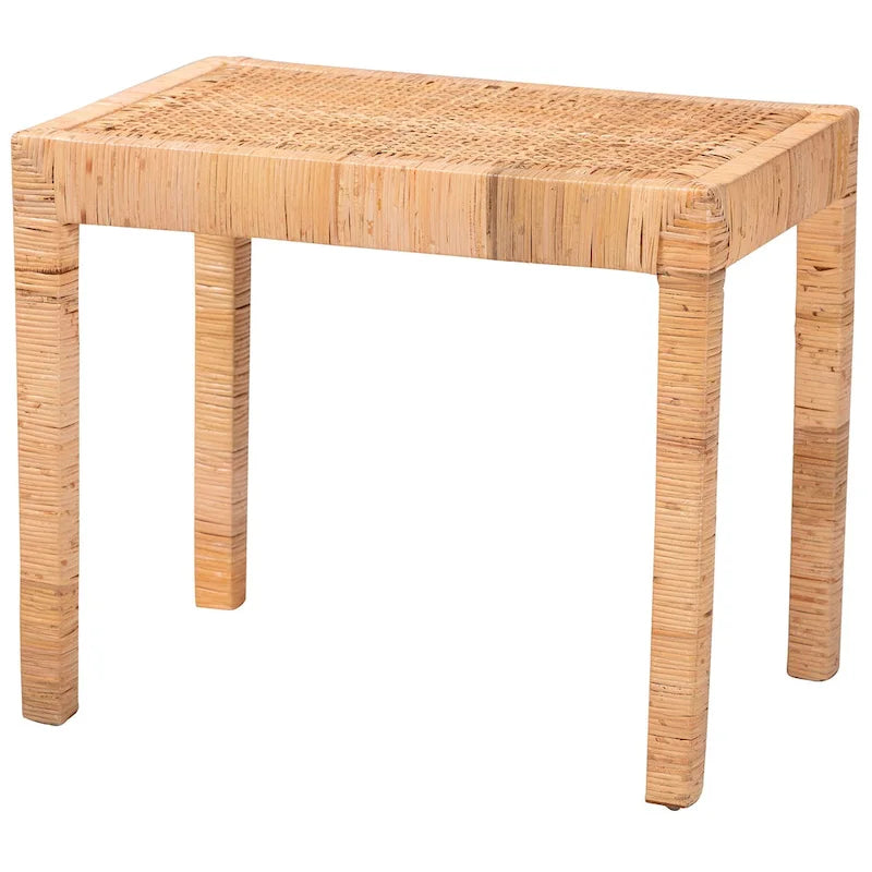 Abelia Modern Bohemian Natural Rattan and Mahogany Wood Accent Bench