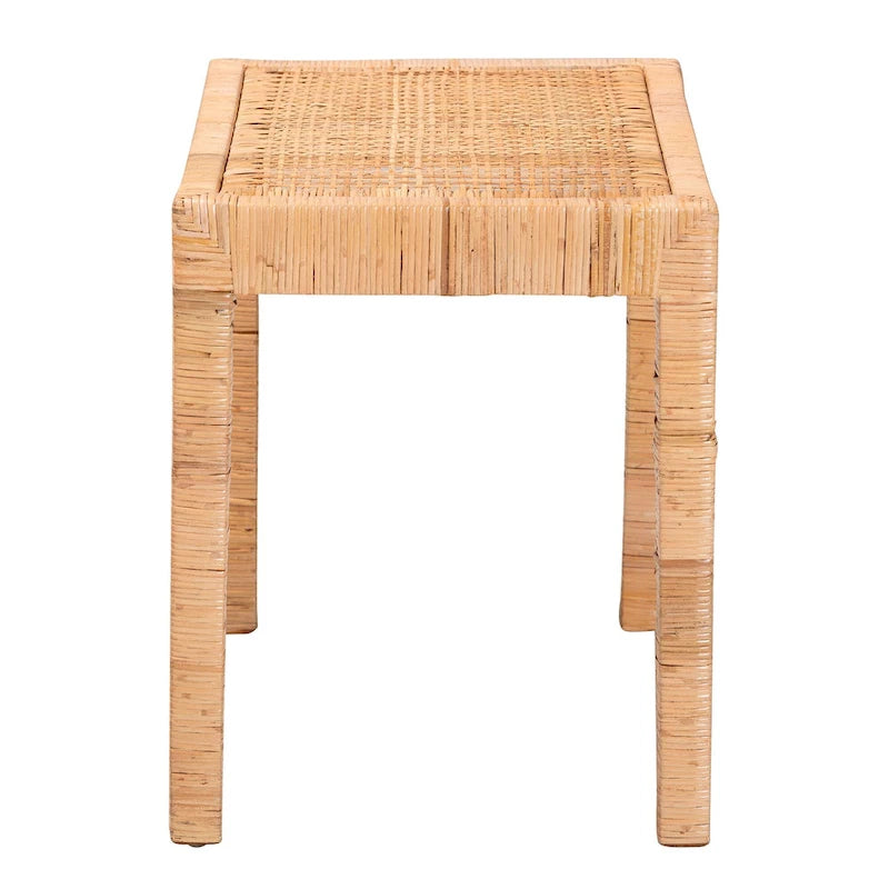 Abelia Modern Bohemian Natural Rattan and Mahogany Wood Accent Bench