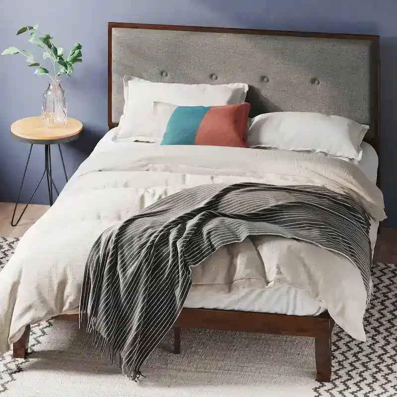 Priage by ZINUS Brown Wood Platform Bed Frame with Adjustable Upholstered Headboard