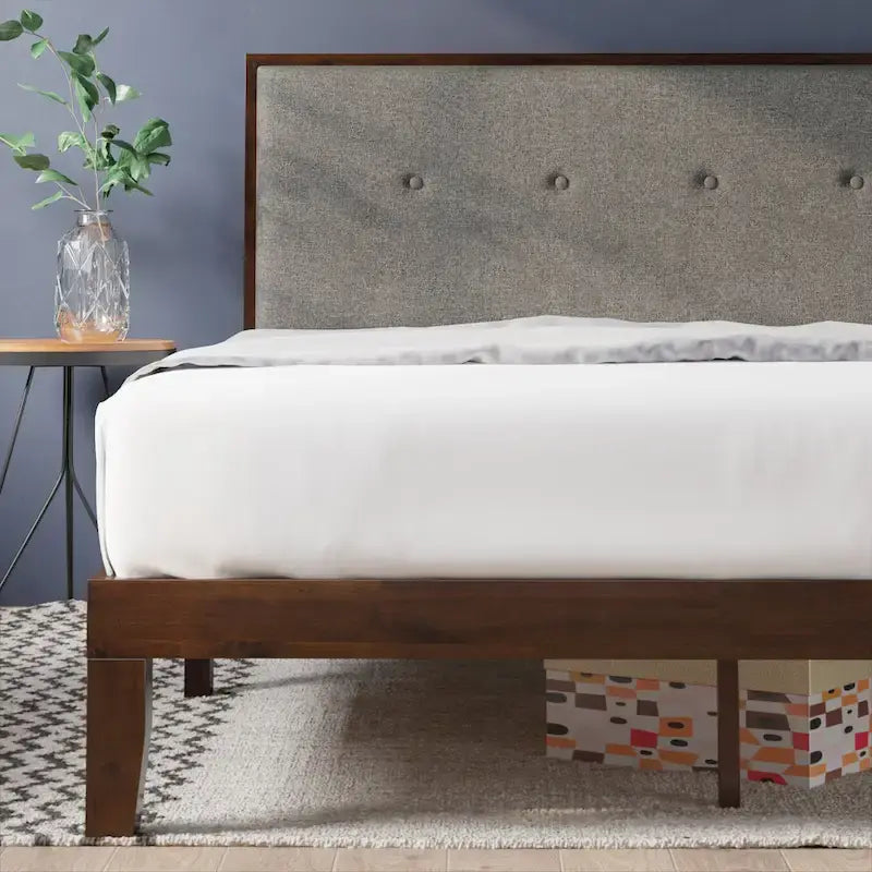 Priage by ZINUS Brown Wood Platform Bed Frame with Adjustable Upholstered Headboard