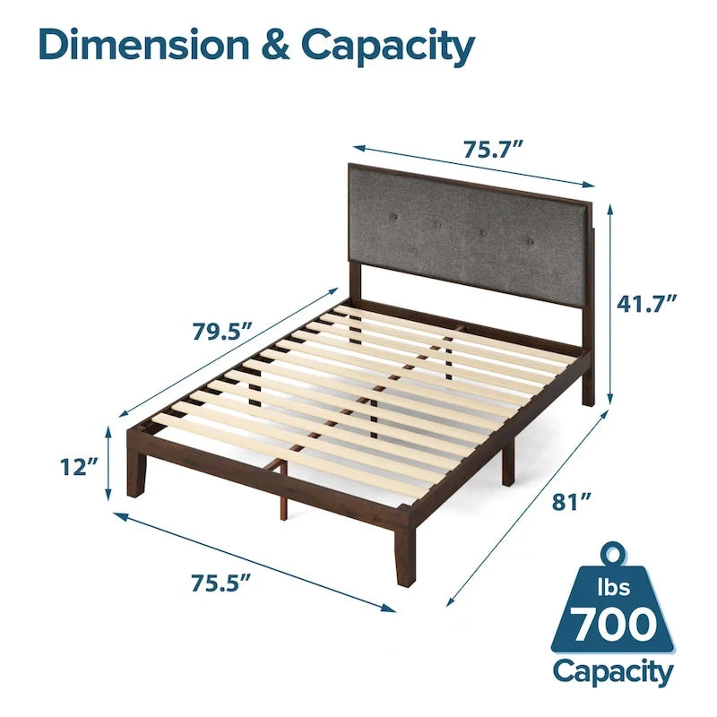 Priage by ZINUS Brown Wood Platform Bed Frame with Adjustable Upholstered Headboard