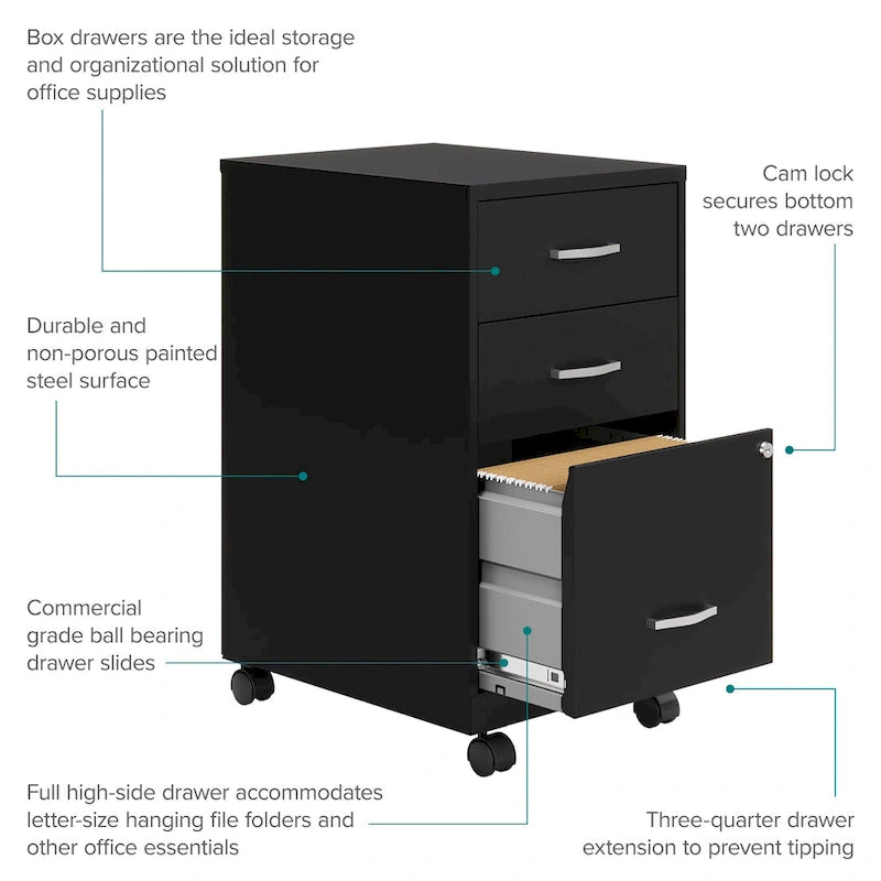Space Solutions 18Deep 3 Drawer Mobile Organizer Metal Cabinet, Black