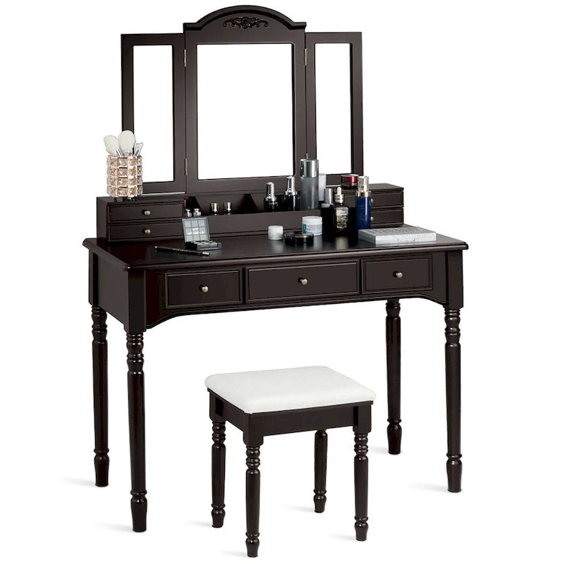 Tri-folding Mirror Vanity Table Set with Stool