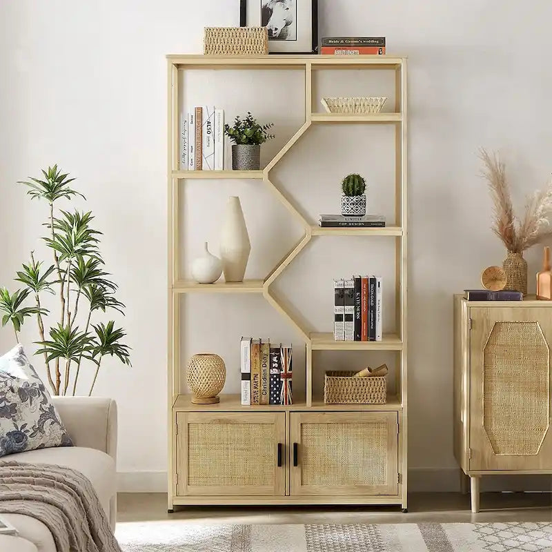 7-Tier Rattan Decor Bookshelf Display Stand with cabinet