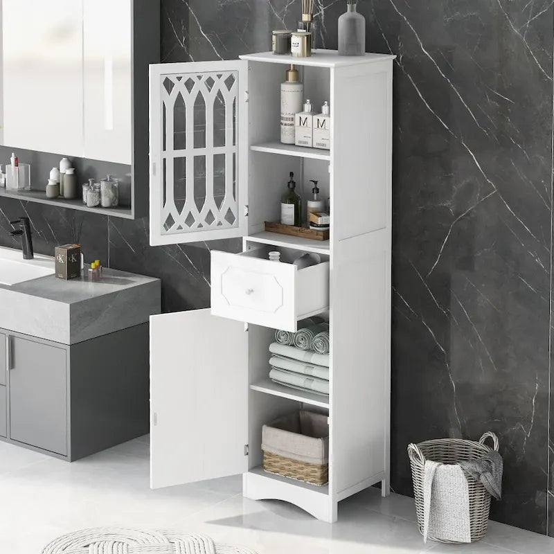 Freestanding White Bathroom Storage Cabinet with Adjustable Shelf