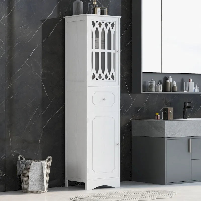 Freestanding White Bathroom Storage Cabinet with Adjustable Shelf