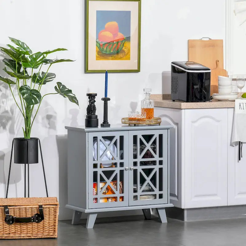 HOMCOM Accent Storage Cabinet Sideboard Serving Buffet Console with Fretwork Doors and Elevated Base, Grey - 31 x 14.25 x 31