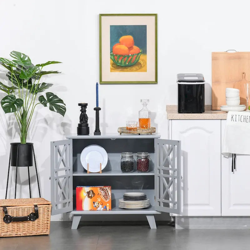 HOMCOM Accent Storage Cabinet Sideboard Serving Buffet Console with Fretwork Doors and Elevated Base, Grey - 31 x 14.25 x 31