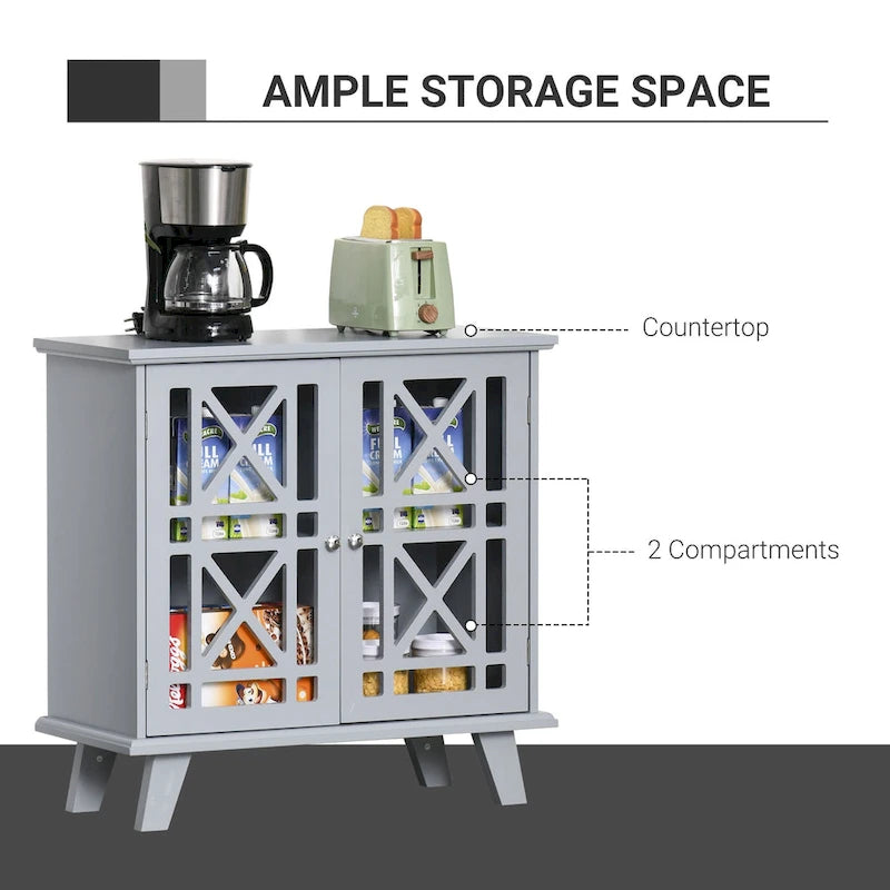 HOMCOM Accent Storage Cabinet Sideboard Serving Buffet Console with Fretwork Doors and Elevated Base, Grey - 31 x 14.25 x 31