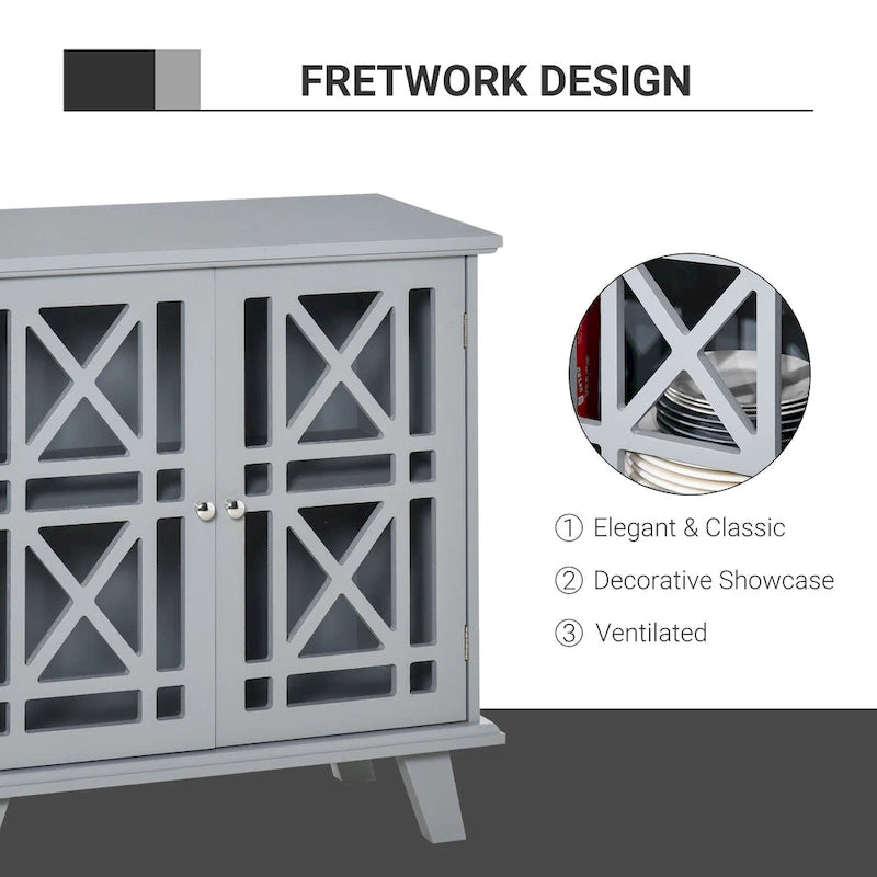 HOMCOM Accent Storage Cabinet Sideboard Serving Buffet Console with Fretwork Doors and Elevated Base, Grey - 31 x 14.25 x 31