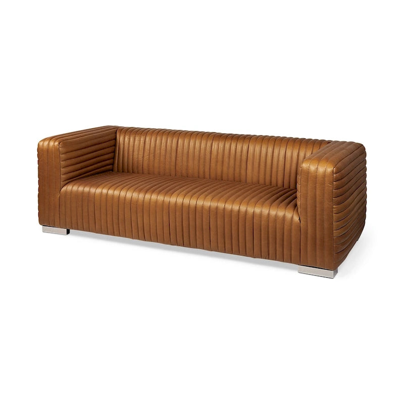 Ricciardo Cognac Genuine Leather Wrapped Sofa - 86.6L x 38.6W x 26.4H