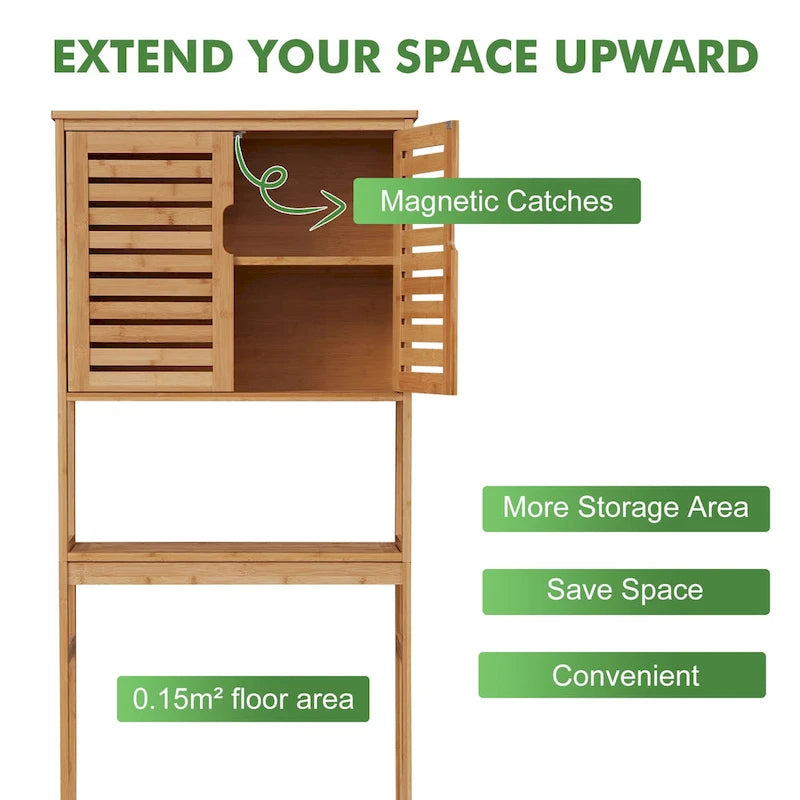 Kinbor Bamboo Over-The-Toilet Organizer Cabinet, Bathroom Storage Shelf with Doors and Shelves Freestanding Space Saver