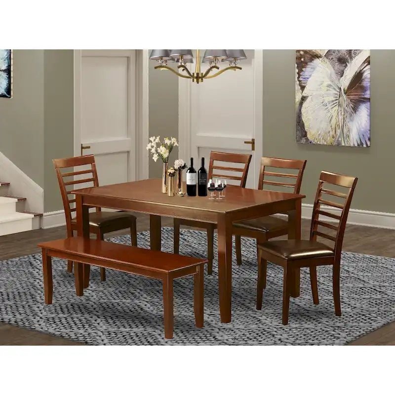 East West Furniture 6 Pc Dining set- A Dining Table with 4 Kitchen Chairs plus one Bench - Mahogany Finish (Seat Type Option)
