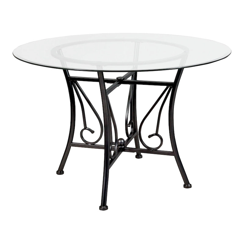 45 Round Glass Dining Table with Curl Accent Matte Metal Frame - 45W x 45D x 29H - 45W x 45D x 29H