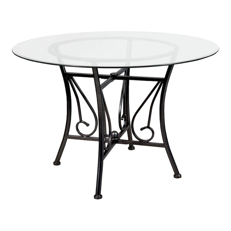 45 Round Glass Dining Table with Curl Accent Matte Metal Frame - 45W x 45D x 29H - 45W x 45D x 29H