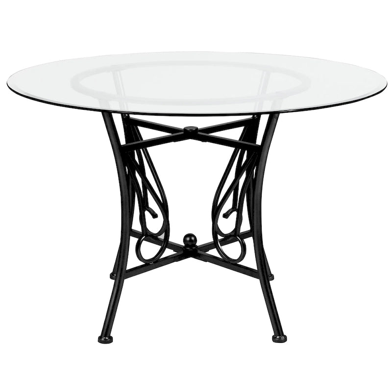 45 Round Glass Dining Table with Curl Accent Matte Metal Frame - 45W x 45D x 29H - 45W x 45D x 29H