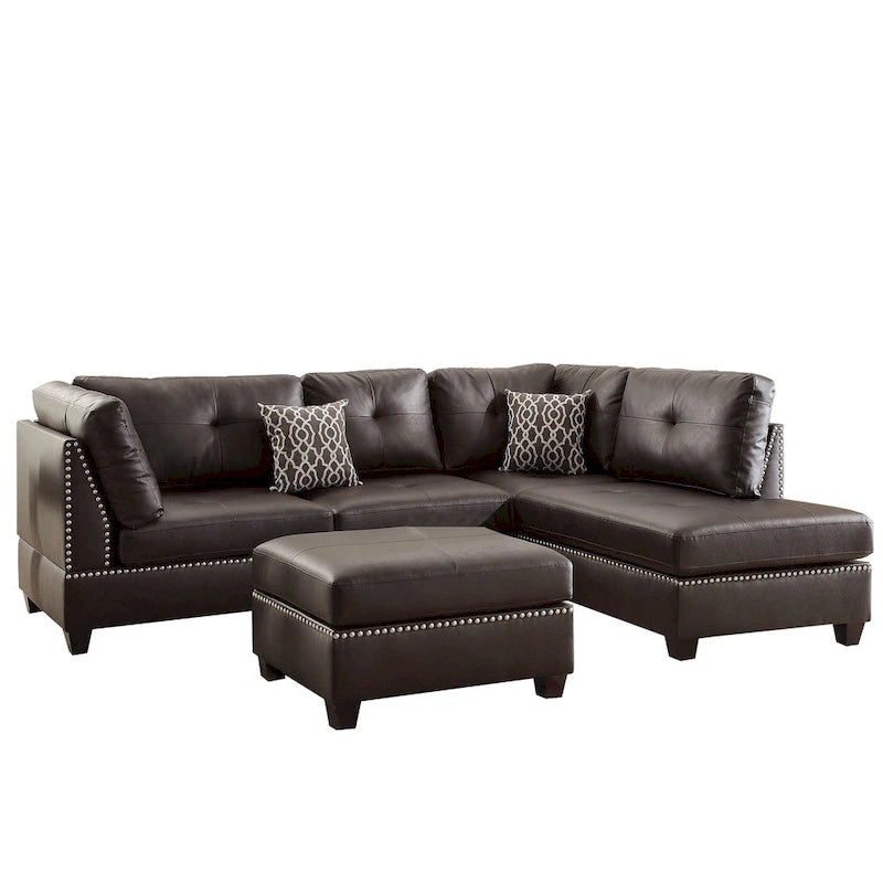 Plushed Bonded Leather 3 Pieces Sectional Set In Brown