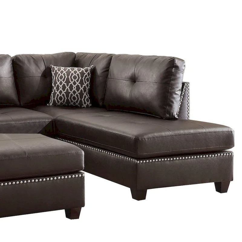 Plushed Bonded Leather 3 Pieces Sectional Set In Brown