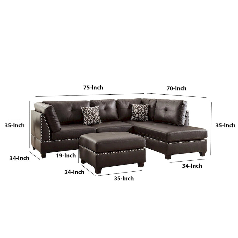 Plushed Bonded Leather 3 Pieces Sectional Set In Brown