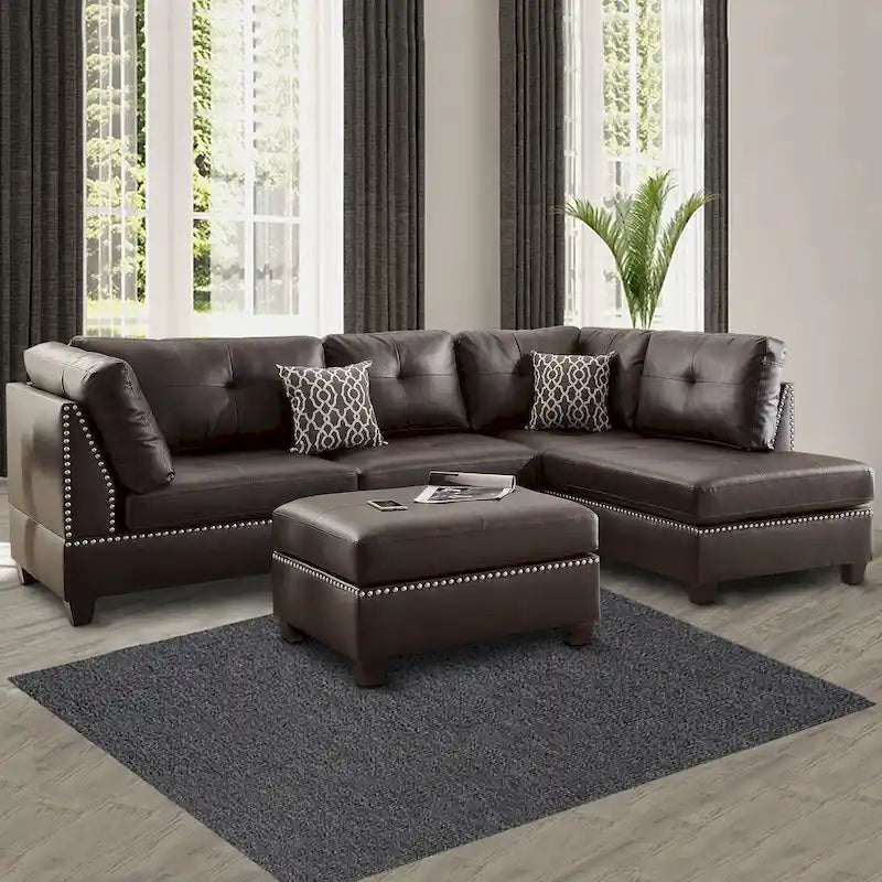 Plushed Bonded Leather 3 Pieces Sectional Set In Brown