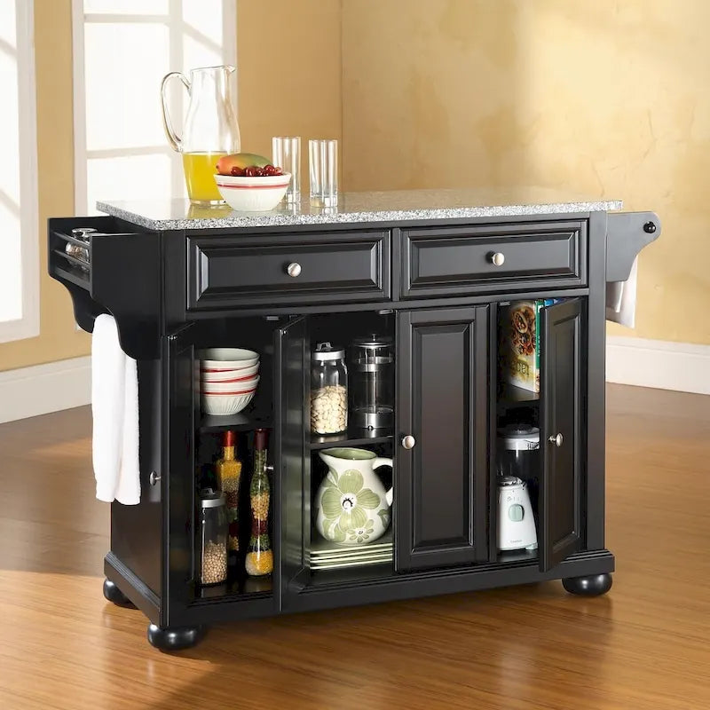 Crosley Alexandria Solid Granite Top Kitchen Island in Black Finish - 51.5 W x 18 D x 34 H